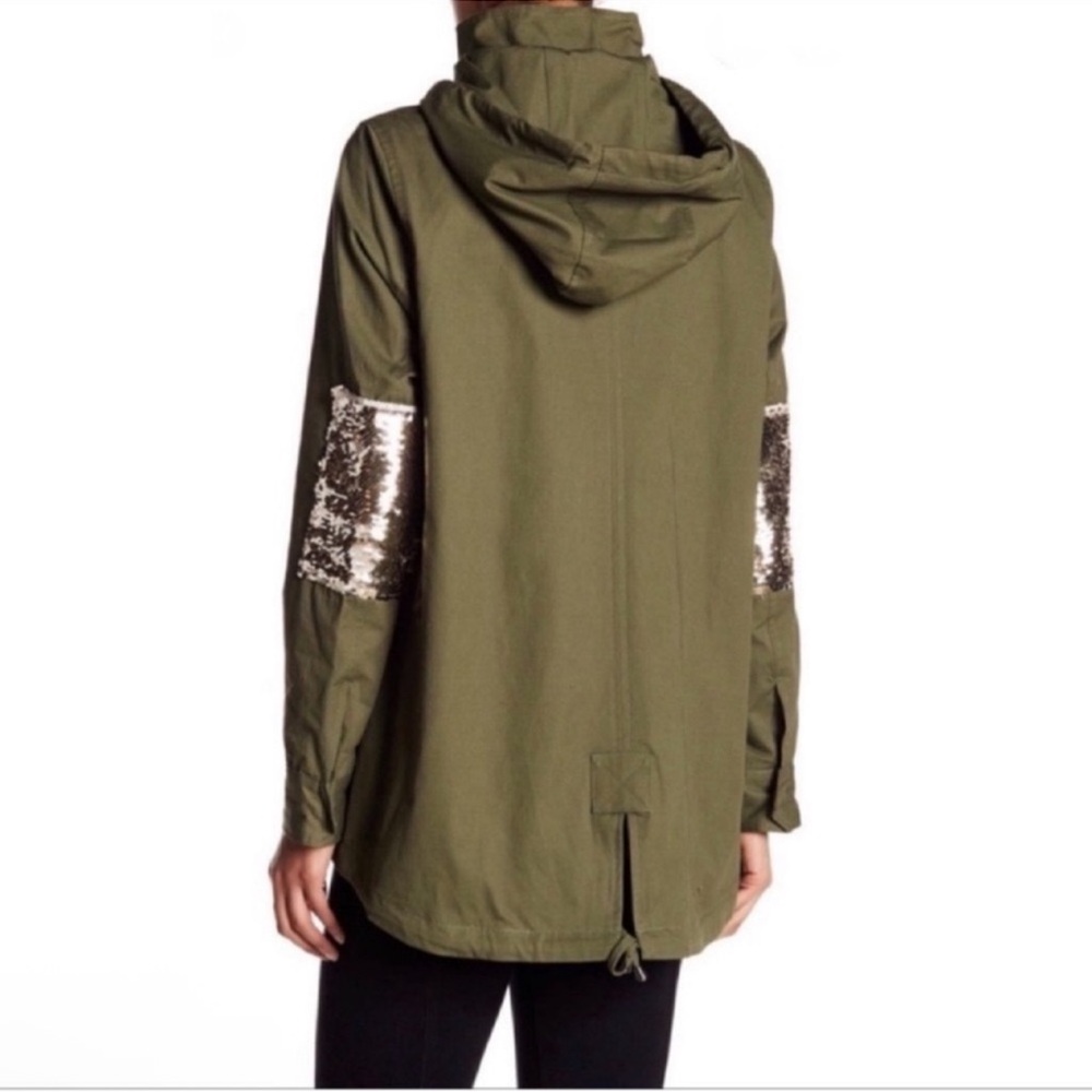 Sam Edelman Oversized Utility Cargo Anorak Jacket/Coat Sz XS Green gold sequin